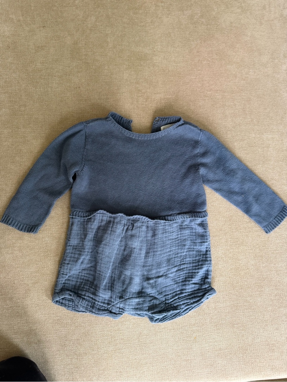 Mango 3-6M Blue Baby Knit & Gauze One-Piece Romper